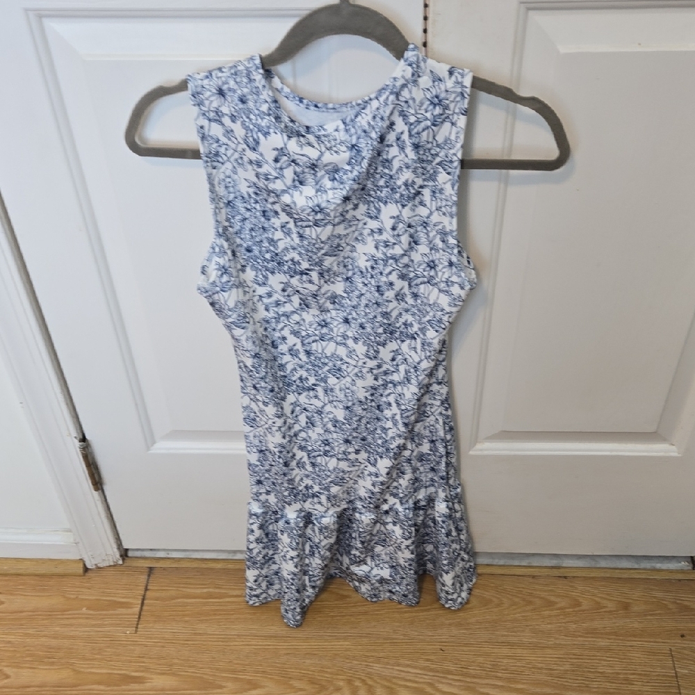 Sleeveless Blue Floral Drop-Waist Dress - White & Blue